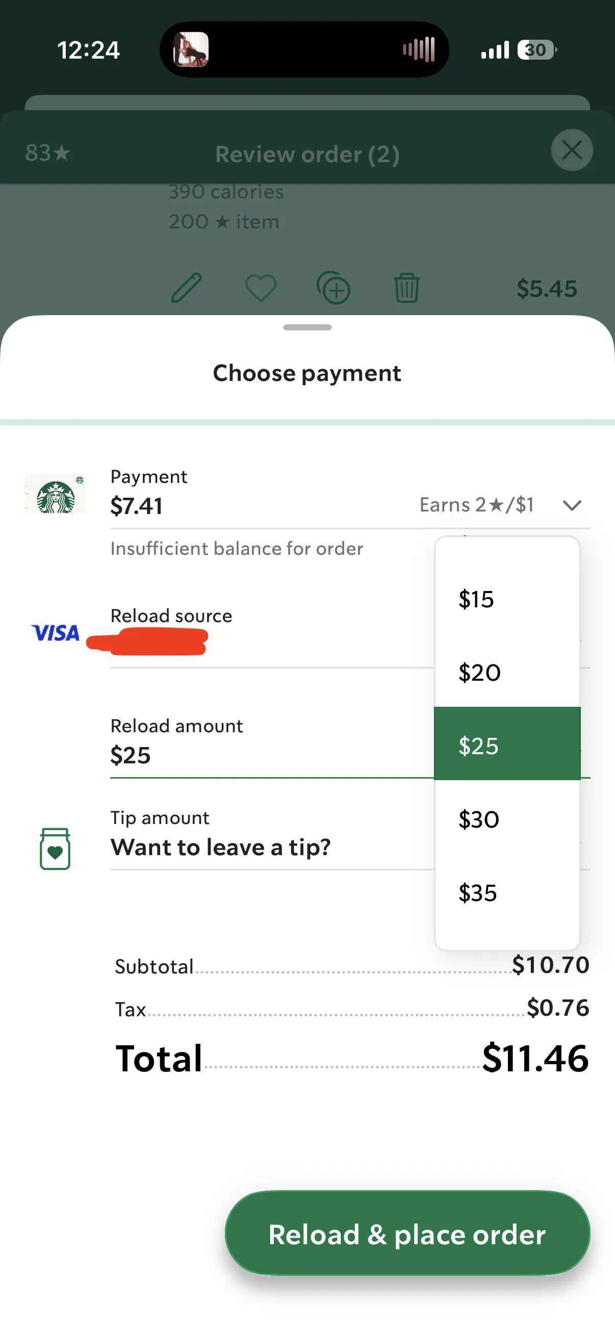A screenshot of the Starbucks app payment screen